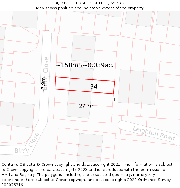 34, BIRCH CLOSE, BENFLEET, SS7 4NE: Plot and title map
