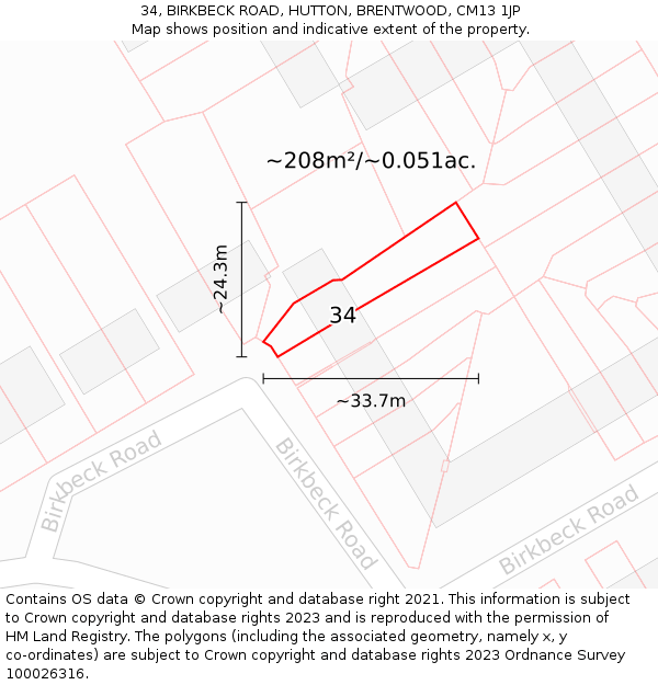 34, BIRKBECK ROAD, HUTTON, BRENTWOOD, CM13 1JP: Plot and title map