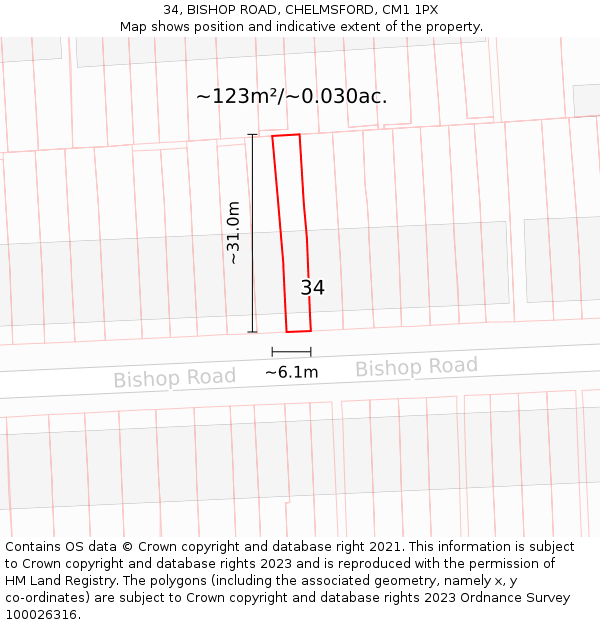 34, BISHOP ROAD, CHELMSFORD, CM1 1PX: Plot and title map
