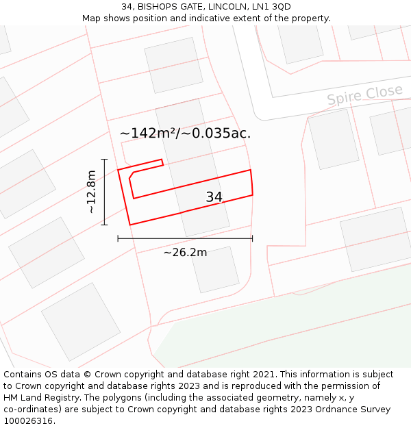 34, BISHOPS GATE, LINCOLN, LN1 3QD: Plot and title map