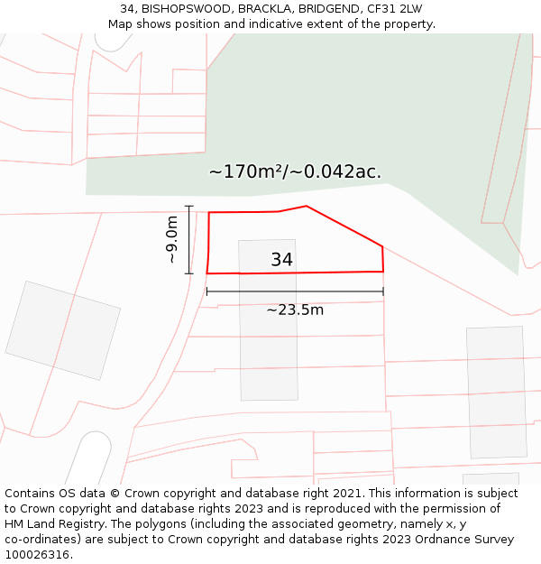 34, BISHOPSWOOD, BRACKLA, BRIDGEND, CF31 2LW: Plot and title map