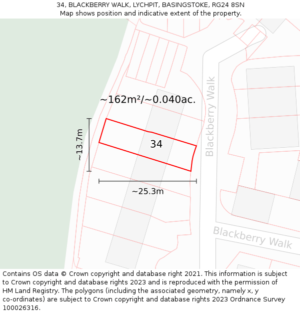34, BLACKBERRY WALK, LYCHPIT, BASINGSTOKE, RG24 8SN: Plot and title map