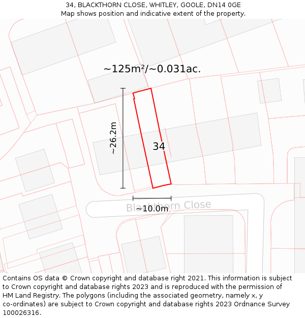 34, BLACKTHORN CLOSE, WHITLEY, GOOLE, DN14 0GE: Plot and title map