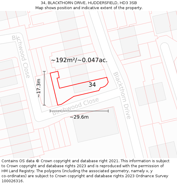 34, BLACKTHORN DRIVE, HUDDERSFIELD, HD3 3SB: Plot and title map