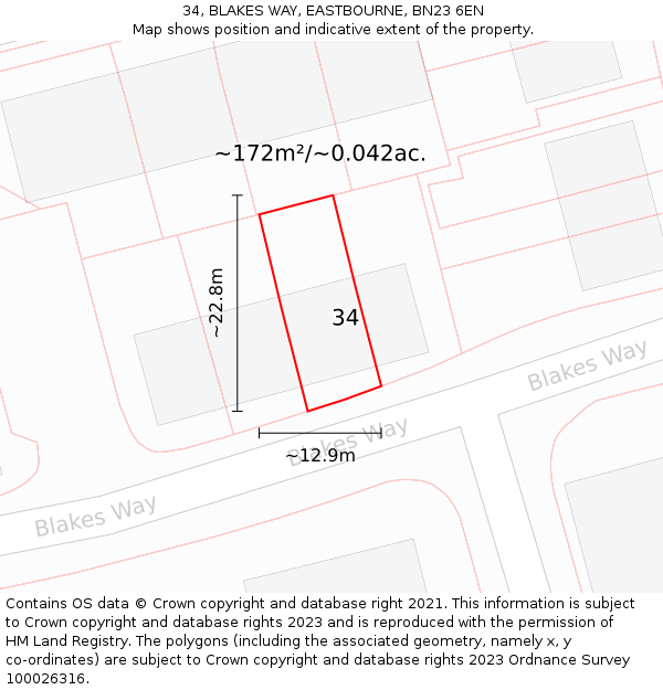 34, BLAKES WAY, EASTBOURNE, BN23 6EN: Plot and title map