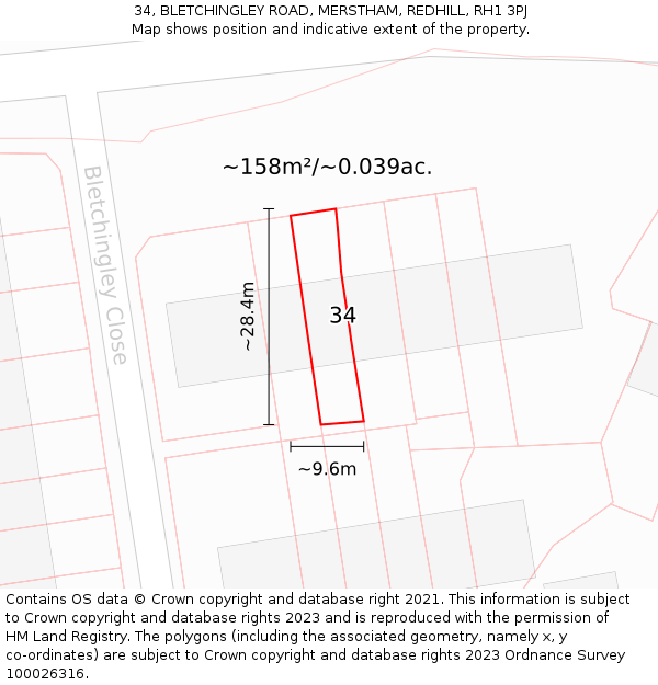 34, BLETCHINGLEY ROAD, MERSTHAM, REDHILL, RH1 3PJ: Plot and title map