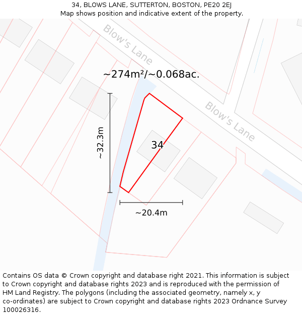 34, BLOWS LANE, SUTTERTON, BOSTON, PE20 2EJ: Plot and title map