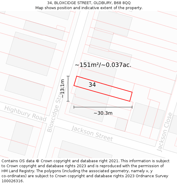 34, BLOXCIDGE STREET, OLDBURY, B68 8QQ: Plot and title map