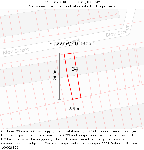 34, BLOY STREET, BRISTOL, BS5 6AY: Plot and title map