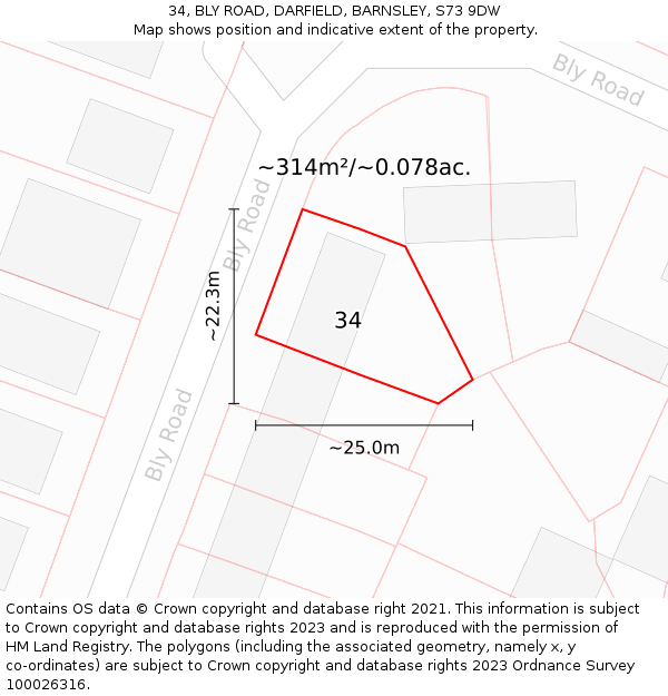 34, BLY ROAD, DARFIELD, BARNSLEY, S73 9DW: Plot and title map