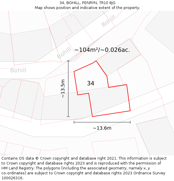34, BOHILL, PENRYN, TR10 8JG: Plot and title map