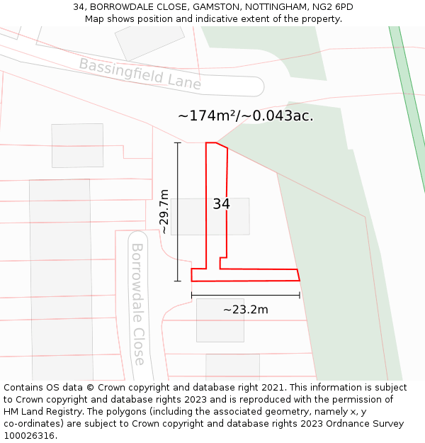 34, BORROWDALE CLOSE, GAMSTON, NOTTINGHAM, NG2 6PD: Plot and title map
