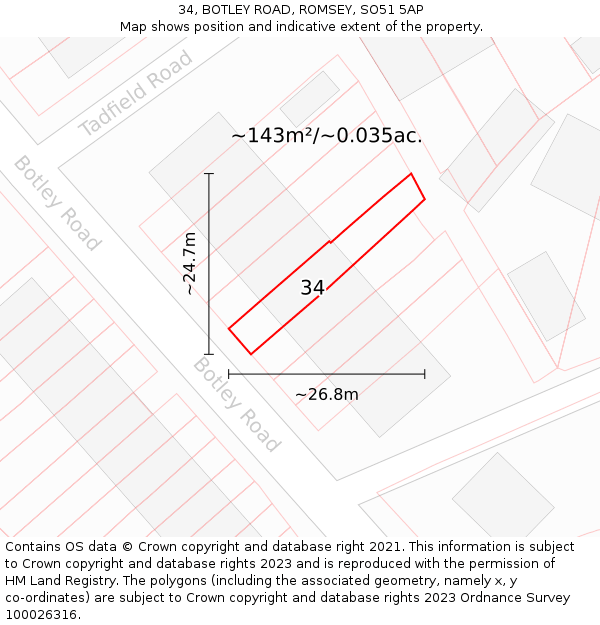 34, BOTLEY ROAD, ROMSEY, SO51 5AP: Plot and title map