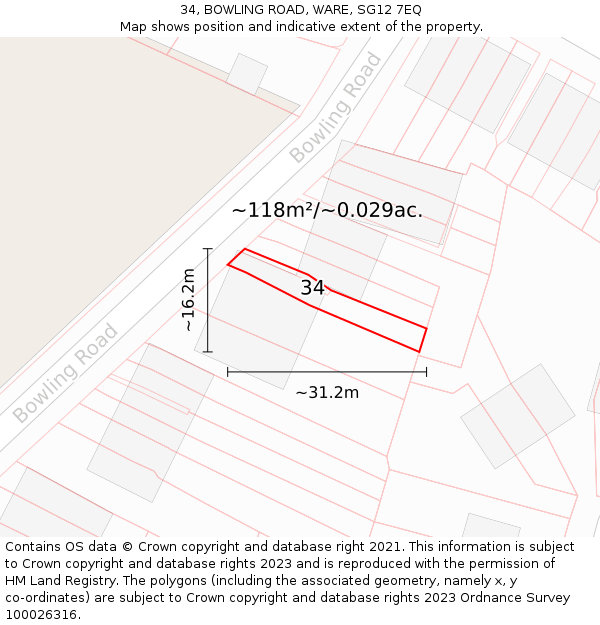 34, BOWLING ROAD, WARE, SG12 7EQ: Plot and title map