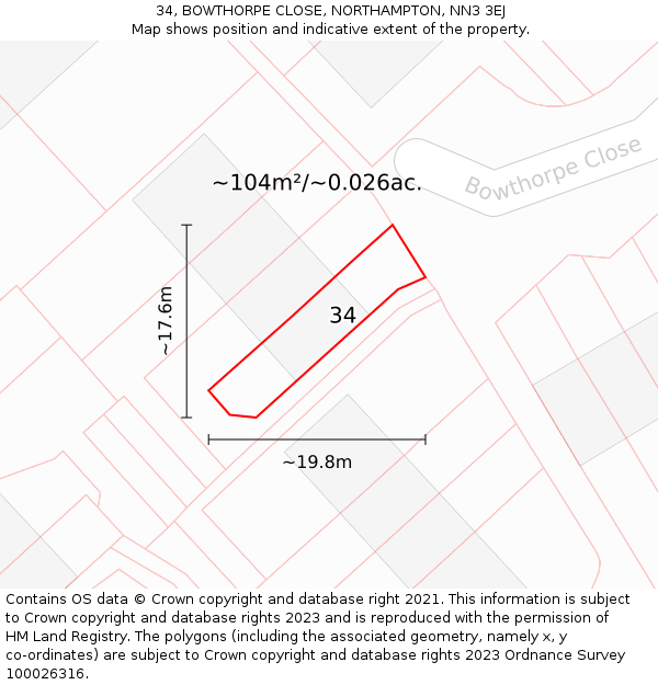 34, BOWTHORPE CLOSE, NORTHAMPTON, NN3 3EJ: Plot and title map