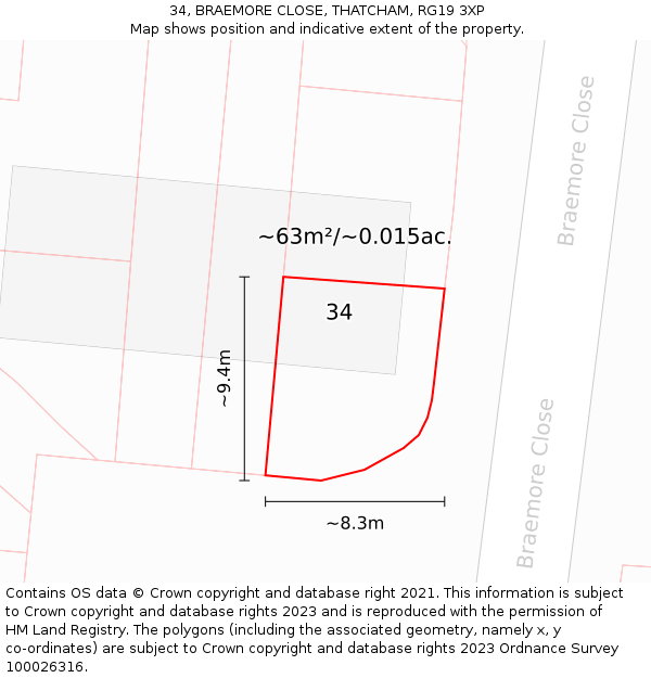 34, BRAEMORE CLOSE, THATCHAM, RG19 3XP: Plot and title map