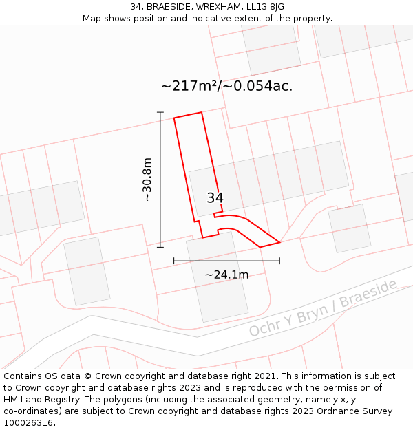 34, BRAESIDE, WREXHAM, LL13 8JG: Plot and title map