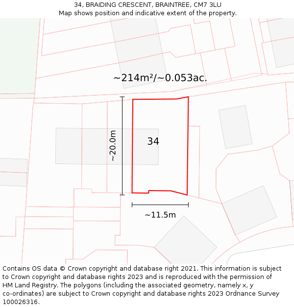 34, BRAIDING CRESCENT, BRAINTREE, CM7 3LU: Plot and title map