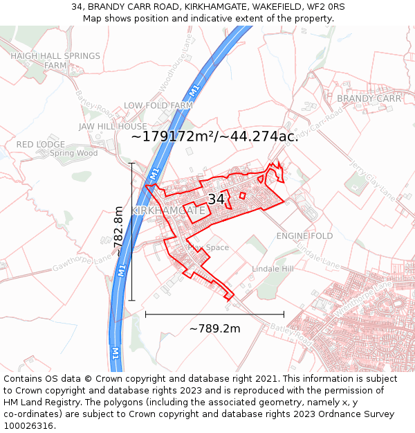 34, BRANDY CARR ROAD, KIRKHAMGATE, WAKEFIELD, WF2 0RS: Plot and title map