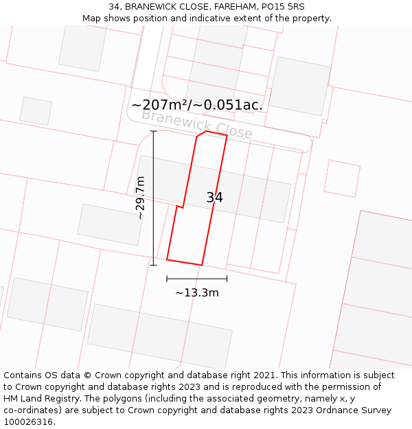 34, BRANEWICK CLOSE, FAREHAM, PO15 5RS: Plot and title map