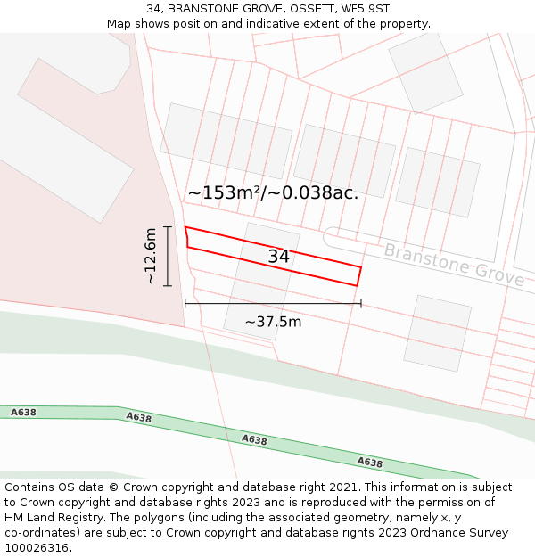 34, BRANSTONE GROVE, OSSETT, WF5 9ST: Plot and title map