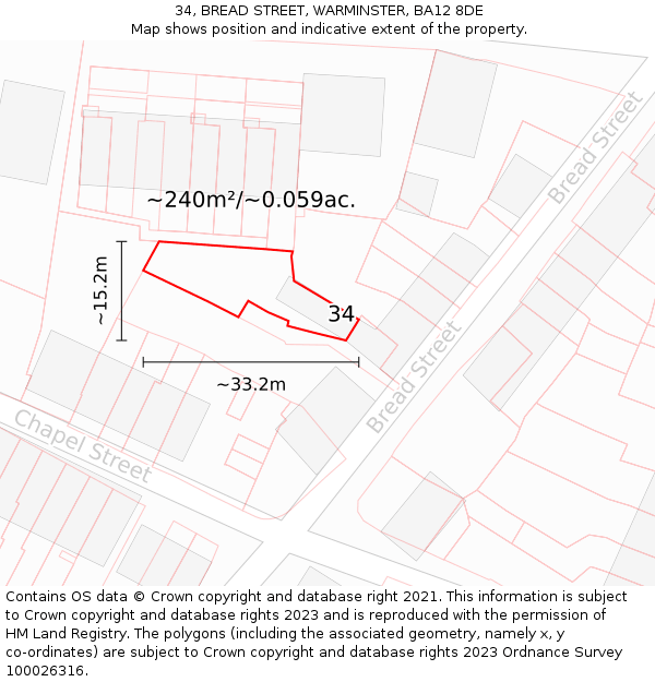 34, BREAD STREET, WARMINSTER, BA12 8DE: Plot and title map