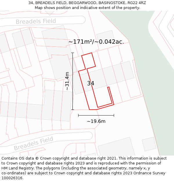 34, BREADELS FIELD, BEGGARWOOD, BASINGSTOKE, RG22 4RZ: Plot and title map