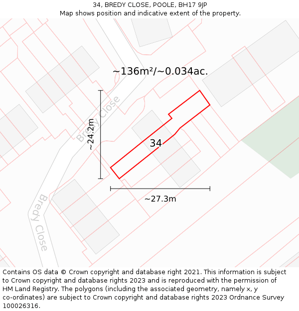 34, BREDY CLOSE, POOLE, BH17 9JP: Plot and title map