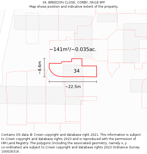 34, BREEDON CLOSE, CORBY, NN18 9PF: Plot and title map
