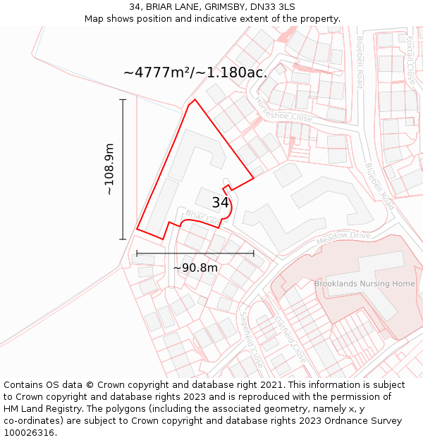 34, BRIAR LANE, GRIMSBY, DN33 3LS: Plot and title map