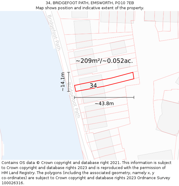 34, BRIDGEFOOT PATH, EMSWORTH, PO10 7EB: Plot and title map