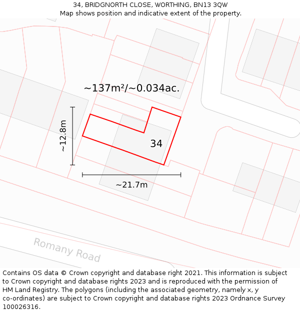 34, BRIDGNORTH CLOSE, WORTHING, BN13 3QW: Plot and title map