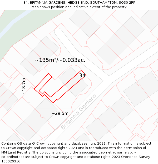 34, BRITANNIA GARDENS, HEDGE END, SOUTHAMPTON, SO30 2RP: Plot and title map