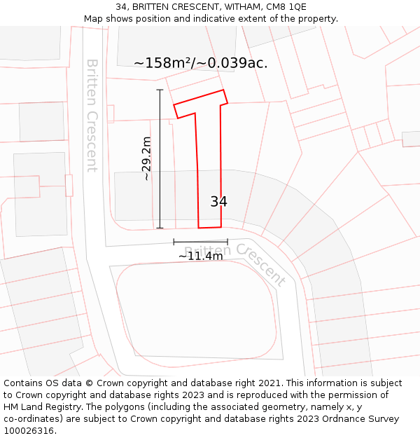34, BRITTEN CRESCENT, WITHAM, CM8 1QE: Plot and title map