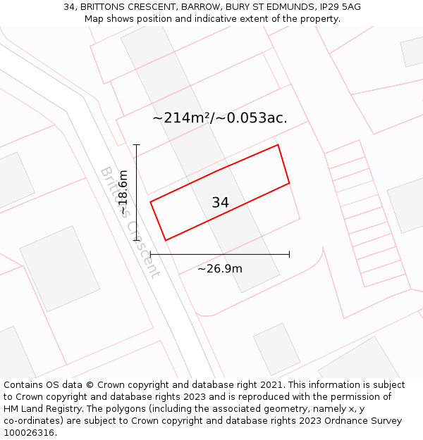 34, BRITTONS CRESCENT, BARROW, BURY ST EDMUNDS, IP29 5AG: Plot and title map