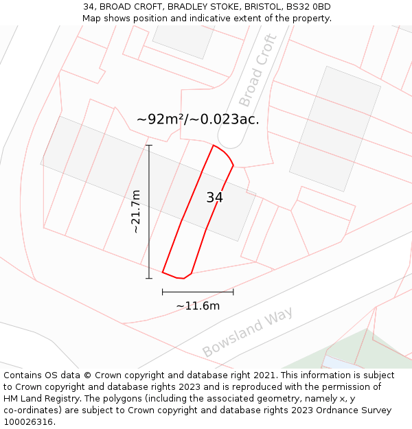 34, BROAD CROFT, BRADLEY STOKE, BRISTOL, BS32 0BD: Plot and title map