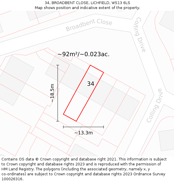34, BROADBENT CLOSE, LICHFIELD, WS13 6LS: Plot and title map