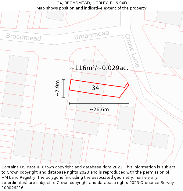 34, BROADMEAD, HORLEY, RH6 9XB: Plot and title map