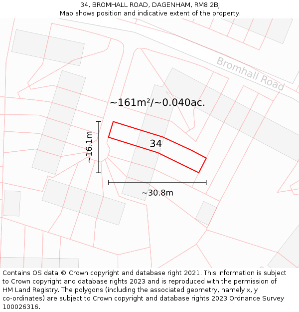 34, BROMHALL ROAD, DAGENHAM, RM8 2BJ: Plot and title map