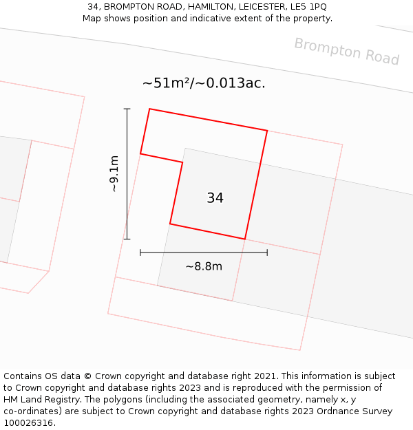 34, BROMPTON ROAD, HAMILTON, LEICESTER, LE5 1PQ: Plot and title map