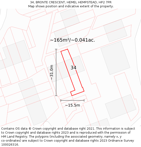 34, BRONTE CRESCENT, HEMEL HEMPSTEAD, HP2 7PR: Plot and title map