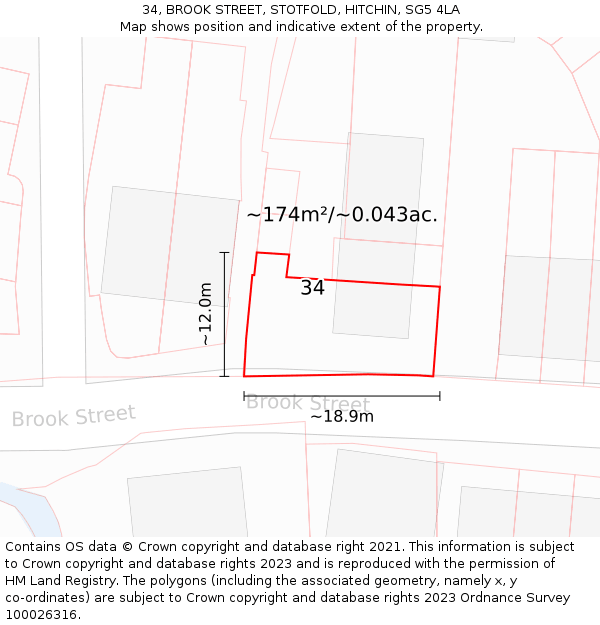 34, BROOK STREET, STOTFOLD, HITCHIN, SG5 4LA: Plot and title map