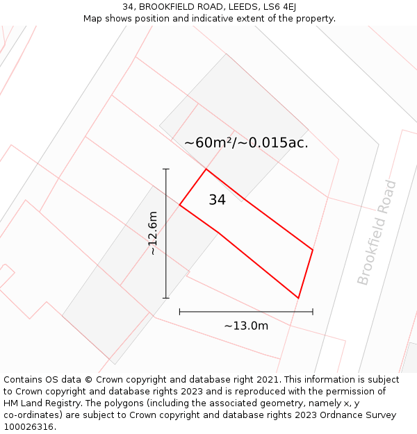 34, BROOKFIELD ROAD, LEEDS, LS6 4EJ: Plot and title map