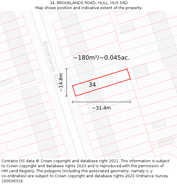 34, BROOKLANDS ROAD, HULL, HU5 5AD: Plot and title map
