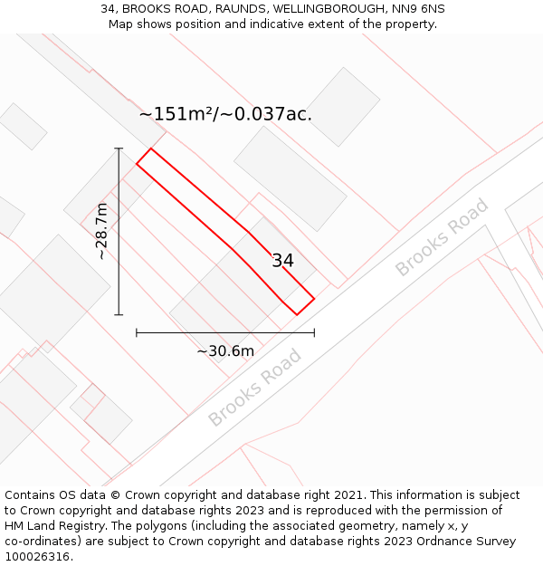 34, BROOKS ROAD, RAUNDS, WELLINGBOROUGH, NN9 6NS: Plot and title map