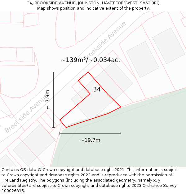 34, BROOKSIDE AVENUE, JOHNSTON, HAVERFORDWEST, SA62 3PQ: Plot and title map