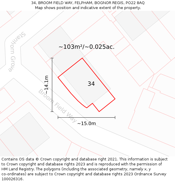 34, BROOM FIELD WAY, FELPHAM, BOGNOR REGIS, PO22 8AQ: Plot and title map