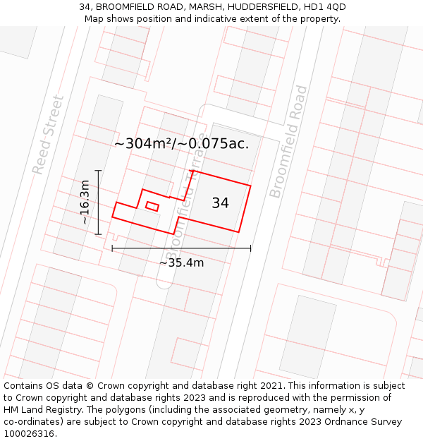 34, BROOMFIELD ROAD, MARSH, HUDDERSFIELD, HD1 4QD: Plot and title map