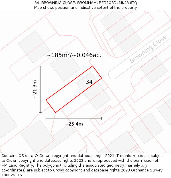 34, BROWNING CLOSE, BROMHAM, BEDFORD, MK43 8TQ: Plot and title map