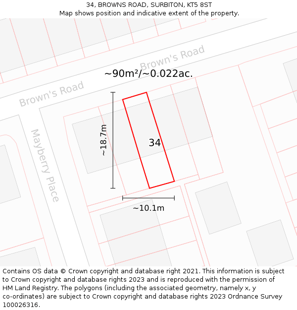 34, BROWNS ROAD, SURBITON, KT5 8ST: Plot and title map